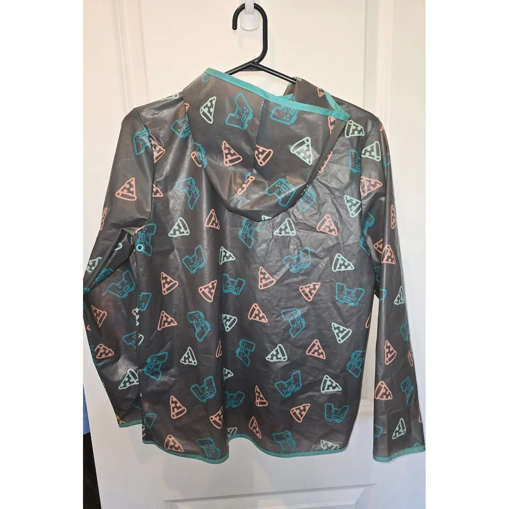 Cat & Jack‎ Kids Pizza Video Game Controller Raincoat Gray Teal Pink L 10/12